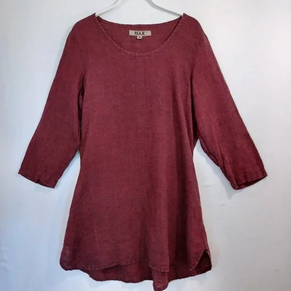 FLAX Tunic Top 3/4 Sleeve Round Neck Popover Maroon Wine Color Womens size P - Picture 2 of 10